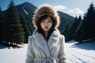 HONG KONG Girl ((September Ai)) ,  short messy hair, 

Stunning and beautiful Japanese super model, wearing white fur long coat on the naked body and fur hat, standing on the snow fileld Full-body wide shot, 18mm lens, zoom out, clouds, mist, outdoors, snowing, only 1pine tree 8k resolution, hyperrealism photo, concept art of detailed character design, cinema concept, cinematic lighting, expression and untamed, stylish, elegant, breathtaking, mysterious, fascinating, curiously complete face, elegant, gorgeous, cinematic look, calming tones, incredible details, intricate details, hyper detail, Fuji Superia 400, warm tones, lens flare, depth of field, bokeh effect, backlit, light leak, by Esao Andrews style, by Rutkowski Repin artstation style, by Wadim Kashin style, by Konstantin Razumov style, by Tim burton style, dark gothic style Ayase Haruka's face ,aesthetic portrait,Movie Still,korean girl
