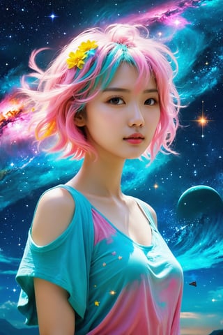  HONG KONG Girl ((September Ai)) , Pink AQUA Yellow  short messy hair, 

Angel, very beautiful woman, an angel in front of vast universe appears with surrounding paradises. From afar, galaxies look like areas of sky full of light, creating a simple but no less impressive imaginary scene. ,fire element
