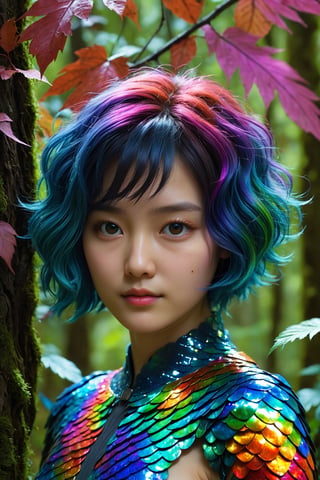 HONG KONG Girl ((September Ai)) ,  short messy hair, 

(best quality,8K,highres,masterpiece), ultra-detailed, (cinematic, vibrant colors), filmed by Guillermo del Toro, Within a deep and vividly colorful forest, an enigmatic being emerges—an exquisite amalgamation of flora and fauna. Picture vines with a riot of colors for hair, eyes gleaming like vibrant embers, and skin adorned with iridescent scales that create a mesmerizing display of hues.,Leonardo
