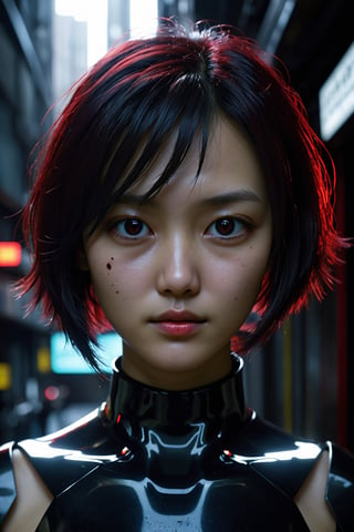 HONG KONG Girl ((September Ai)) ,  short messy hair, 

(best quality, cinematic, detailed), (immerse in the unsettling atmosphere of a neo-noir environmental portrait:1.3), (experience a nightmarish android:1.3) that captivates and unsettles the viewer simultaneously. Witness the meticulous craftsmanship as the android, with its sleek obsidian and blood-red accents, emanates an enchanting aura. The eyes, devoid of warmth, cut through the darkness, and its artificial skin, cracked and weathered, tells tales of time and witnessed horrors. The entire scene is a masterpiece, captured with meticulous precision, every shadow and reflection adding depth and richness to this haunting image.
