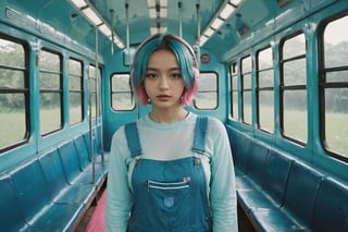 A full body  hyperdetailed indonesian photography, by Elizabeth Polunin,  pink and Aqua hair colour short hair young indonesian schoolgirl,  brooklyn,  looking straight to camera,  sweaty,  olya bossak,  nepal,  very accurate photo,  suspiria, blue colour sci-fi plastic overalls jeans only, inside sci-fi london bus, 

