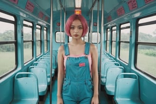 A full body  hyperdetailed indonesian photography, by Elizabeth Polunin,  pink and Aqua hair colour short hair young indonesian schoolgirl,  brooklyn,  looking straight to camera,  sweaty,  olya bossak,  nepal,  very accurate photo,  suspiria, blue colour sci-fi plastic overalls jeans only, inside sci-fi london bus, 

