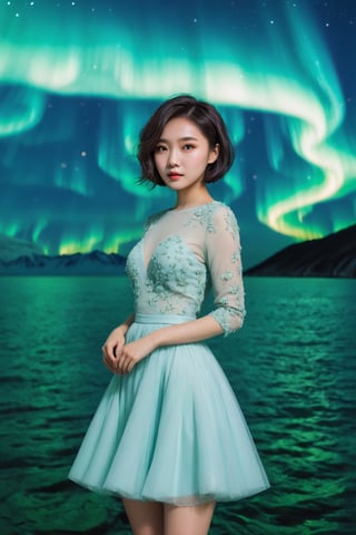  HONG KONG Girl ((September Ai)) with brown colour skin, AQUA short messy hair, 

Formal evening wear, Classic bob hair style ,Pastel makeup,((full-body_portrait)),pale skin,Backdrop: The Northern Lights in Siberia,aesthetic portrait