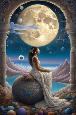 Neo surrealism, whimsical art, painting, fantasy, magical realism, bizarre art, pop surrealism, inspired by Remedios Var, Jacek Yerka and Gabriel Pacheco. Create a surreal cosmic scene with a young woman sitting on a crescent moon. The moon is highly detailed with realistic craters, and the woman is in a three-quarter profile view. Her skin is fair, with a soft, contemplative expression on her face and her eyes closed. She has long, dark brown hair styled in a loose updo with elegant floral decorations. She wears a full-length, flowing vintage cream gown with intricate lace detailing and ethereal, gossamer fabric that drapes gracefully over the moon’s edge. The woman's pose is relaxed, with one hand supporting her head and the other resting on her lap. The background features a vast cosmic sky filled with stars, nebulae, and galaxies, exhibiting a vibrant mix of blues, whites, and purples. The lower portion of the image shows dark, towering mountain silhouettes with steep slopes, suggesting a distant, otherworldly landscape. Fluffy, white clouds are scattered on both sides of the horizon. The composition balances the elements such that the moon and the woman are centrally placed, providing a focal point, while the mountainous landscape frames the bottom edge, and the cosmic sky serves as a mesmerizing backdrop enveloping the entire scene. The lighting is ethereal and comes from an unseen source, highlighting the woman and the moon, with soft shadows that complement the dreamlike quality of the image.
