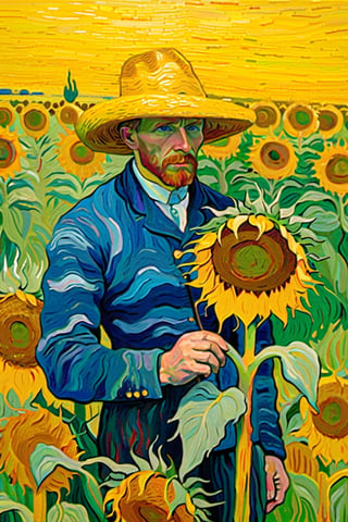 Oil painting, Directors: Van Gogh, coloring, Abstract, abstract background, ​masterpiece, Best quality at best, Ultra Detail Wallpapers, gaffer, Wearing a straw hat, cornfield, wood, sao, Surreal dreamscape, sunflower, natta, 4k,oil painting
