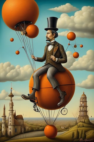 
Neo surrealism, whimsical art, painting, fantasy, magical realism, bizarre art, pop surrealism, inspired by Remedios Var, Jacek Yerka and Gabriel Pacheco. Create an a  man with a top hat riding a unicycle on a wire that is placed between two towers and juggling smaller orange balls