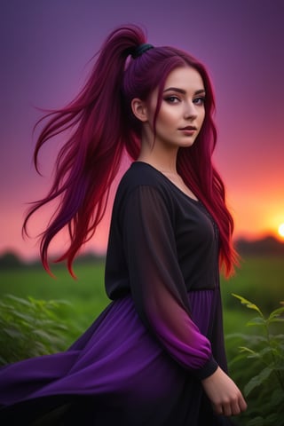 Ultra Long Exposure Photography))  Slavian girl with long crazy double ponytail hair, beautiful Slavic oval face,multicolored hair(coloring in the style of Goth:0.1),fiery red wavy hair fluttering in the wind,hair flutters in the wind, the setting red sun highlights the hair from the inside,(((ombre,(purple),(black))colorful)hair color),(Transperent dress)(Transperent Parts)Looking at the camera, (a slight smile),He goes towards the camera,She is the goddess of horticulture. She’s covered in millions of microscopic ultra bright green neon strings emanating from her body. beautiful backlit silhouette, high detailed, covered in neon vines and leaves. Green color palette.,,<lora:659095807385103906:1.0>