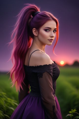 Ultra Long Exposure Photography))  Slavian girl with long crazy double ponytail hair, beautiful Slavic oval face,multicolored hair(coloring in the style of Goth:0.1),fiery red wavy hair fluttering in the wind,hair flutters in the wind, the setting red sun highlights the hair from the inside,(((ombre,(purple),(black))colorful)hair color),(Transperent dress)(Transperent Parts)Looking at the camera, (a slight smile),He goes towards the camera,She is the goddess of horticulture. She’s covered in millions of microscopic ultra bright green neon strings emanating from her body. beautiful backlit silhouette, high detailed, covered in neon vines and leaves. Green color palette.(wind:1.3), detailed hair, beautiful face, beautiful girl, ultra detailed eyes, cinematic lighting, (hyperdetailed:1.15), outdoors,,,<lora:659095807385103906:1.0>