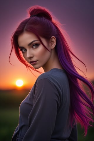 Ultra Long Exposure Photography))  Slavian girl with long crazy double ponytail hair, beautiful Slavic oval face,multicolored hair(coloring in the style of Goth:0.1),fiery red wavy hair fluttering in the wind,hair flutters in the wind, the setting red sun highlights the hair from the inside,(((ombre,(purple),(black))colorful)hair color),(Transperent dress)(Transperent Parts)Looking at the camera, (a slight smile),He goes towards the camera,She is the goddess of horticulture. She’s covered in millions of microscopic ultra bright green neon strings emanating from her body. beautiful backlit silhouette, high detailed, covered in neon vines and leaves. Green color palette.(wind:1.3), detailed hair, beautiful face, beautiful girl, ultra detailed eyes, cinematic lighting, (hyperdetailed:1.15), outdoors,,depth of field, film photography, film grain, glare,,<lora:659095807385103906:1.0>