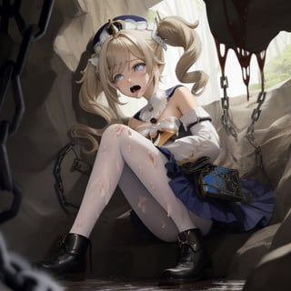 barbara (genshin impact),
1girl,
hat,
latin cross,
blonde hair,
long hair,
twintails,
twin drills,
blue eyes,
bow.
torn dres,
frilled skirt,
detached sleeves,

white pantyhose,
book,
belt
white pantyhose,
book,

blood, dirt, good hands, pretty face, mud, dungeon, full body, cave, cavern, torn stockings, many wounds, corruption, torn dress, scared. praying, llorando, lágrimas, vampiro, cementer, blood all over body and clothing, blood all over body and clothing, crying. wet, blood all over body and clothing, crying. wet, raining, chains,