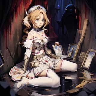 ,barbara (genshin impact),
1girl,
hat,
latin cross,
blonde hair,
long hair,
twintails,
twin drills,
blue eyes,
bow.
torn dres,
frilled skirt,
detached sleeves,

white pantyhose,
book,
belt
white pantyhose,
book, blood, dirt, good hands, pretty face, mud, dungeon, full body, cave, cavern, torn stockings, many wounds, corruption, torn dress, scared. praying, lágrimas, vampiro, cementery
