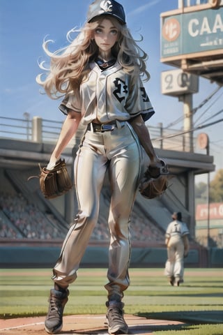  mature very tall thin Woman.
 Windy
Wide shoulders.
Black long straight hair
White uniform, action pose
Pants
hourglass body shape,baseball 