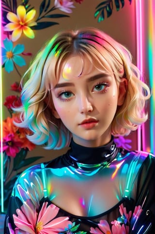 portrait, 1 girl, solo, short wavy hair, flowing neon, colored holographic floral background, holographic, iridescent, vaporwave, fluid, flowers, lying from the front point pose, high fashion, realistic,Flat vector art,xxmix_girl,kwon-nara-xl,Vector illustration,Illustration,long blonde hair,xxmixgirl,REAL GIRL beta,wonder beauty ,lis4,LinkGirl