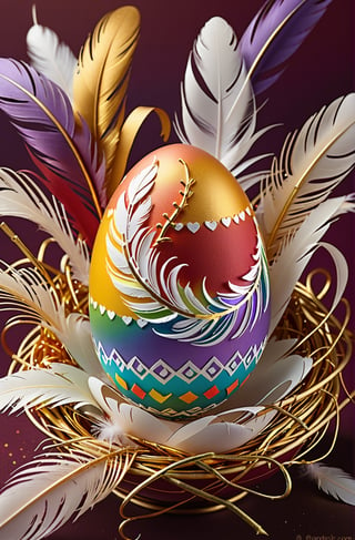 Easter eggs designed with honeysuckle and swirl patterns in a harmonious mix of rainbow colors,
A pile of tiny golden twigs and many white feathers cover the egg from the bottom as if protecting it.
The egg shines even brighter due to the intense lighting that illuminates the egg on a dark red and golden background.

Ultra-clear, Ultra-detailed, ultra-realistic, ultra-close up