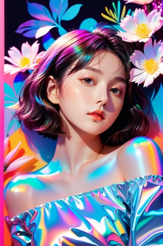 portrait, 1 girl, solo, short wavy hair, flowing neon, colored holographic floral background, holographic, iridescent, vaporwave, fluid, flowers, lying from the front point pose, high fashion, realistic,Flat vector art,xxmix_girl,kwon-nara-xl