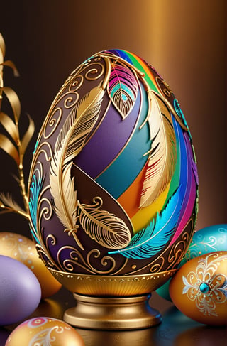 Easter eggs designed with arabesques and swirls using a harmonious mix of rainbow colors.
Golden branches and feathers cover the egg from the bottom as if to protect it.
The egg shines even brighter due to the intense lighting that illuminates the egg on a dark brown and golden background.

Ultra-clear, Ultra-detailed, ultra-realistic, ultra-close up