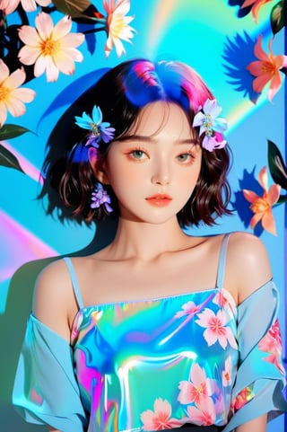 portrait, 1 girl, solo, short wavy hair, flowing neon, colored holographic floral background, holographic, iridescent, vaporwave, fluid, flowers, lying from the front point pose, high fashion, realistic,Flat vector art,xxmix_girl,kwon-nara-xl