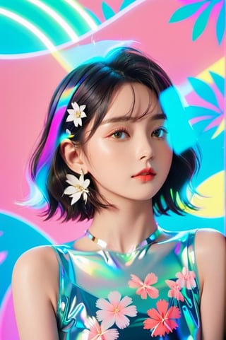 portrait, 1 girl, solo, short wavy hair, flowing neon, colored holographic floral background, holographic, iridescent, vaporwave, fluid, flowers, lying from the front point pose, high fashion, realistic,Flat vector art,xxmix_girl,kwon-nara-xl