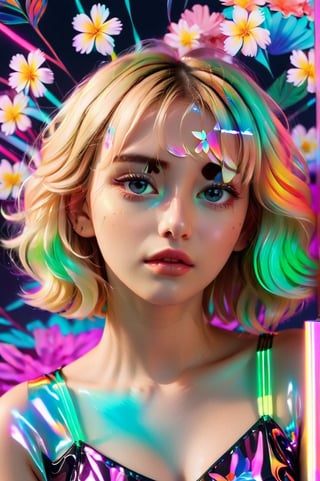 portrait, 1 girl, solo, short wavy hair, flowing neon, colored holographic floral background, holographic, iridescent, vaporwave, fluid, flowers, lying from the front point pose, high fashion, realistic,Flat vector art,xxmix_girl,kwon-nara-xl,Vector illustration,Illustration,long blonde hair,xxmixgirl,REAL GIRL beta,wonder beauty ,lis4,LinkGirl