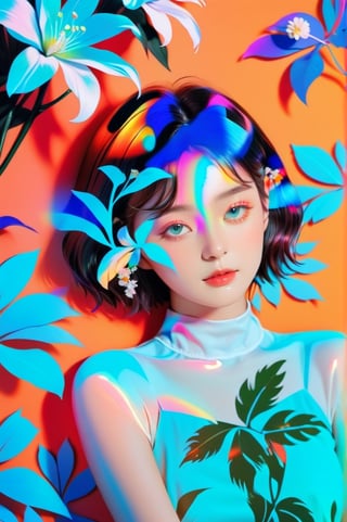 portrait, 1 girl, solo, short wavy hair, flowing neon, colored holographic floral background, holographic, iridescent, vaporwave, fluid, flowers, lying from the front point pose, high fashion, realistic,Flat vector art,xxmix_girl,kwon-nara-xl