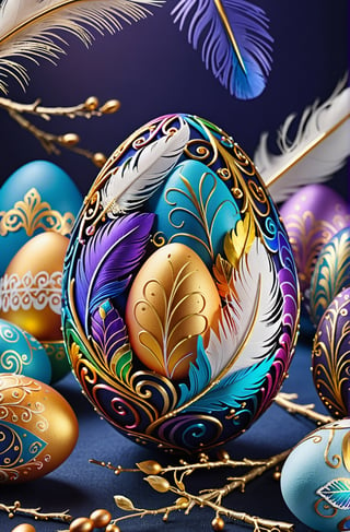 Easter eggs designed with arabesques and swirls using a harmonious mix of rainbow colors.
Numerous golden tiny twigs and many white feathers cover the egg from the bottom as if protecting it.
The egg shines even brighter due to the intense lighting that illuminates the egg on a dark blue and golden background.

Ultra-clear, Ultra-detailed, ultra-realistic, ultra-close up