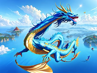 ((1 Asian blue dragon1.8)), asian blue dragon flying in the sky flying in the sky,Asian blue dragon flying across the vast ocean horizon, epic daylight, solo, dynamic angle,aw0k euphoric style,normal blue dragon head,Text((““Welcome 2024” is written in gold at the top left of the screen 1.5)).((There is only one blue dragon head1.8))