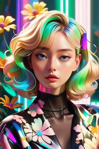 portrait, 1 girl, solo, short wavy hair, flowing neon, colored holographic floral background, holographic, iridescent, vaporwave, fluid, flowers, lying from the front point pose, high fashion, realistic,Flat vector art,xxmix_girl,kwon-nara-xl,Vector illustration,Illustration,long blonde hair,xxmixgirl,REAL GIRL beta,wonder beauty ,lis4