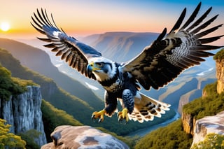 (masterpiece:1.2, highest quality), (realistic, photo_realistic:1.9), ((Photoshoot)), A harpy eagle leisurely flying through a valley made of beautiful cliffs. A view from above of a flying harpy eagle, Menacing feet wide open as if hunting prey,
2 harpy eagle flying, attacking a mouse, (detailed background), (gradients), detailed colorful landscape, key visual, glowing skin.
beautiful and forest, stunning trees and flowers, stunning sunset. Medium shot. action camera. Portrait film. standard lens Golden hour lighting. Distant view
8k, UHD, high quality, frowning, intricate detailed, highly detailed, hyper-realistic,(Circle:1.4),cyborg style