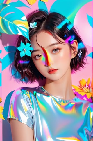 portrait, 1 girl, solo, short wavy hair, flowing neon, colored holographic floral background, holographic, iridescent, vaporwave, fluid, flowers, lying from the front point pose, high fashion, realistic,Flat vector art,xxmix_girl,kwon-nara-xl