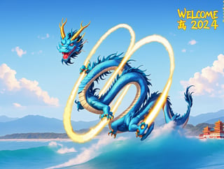 asian blue dragon flying in the sky flying in the sky,Asian blue dragon flying across the vast ocean horizon, epic daylight, solo, dynamic angle,aw0k euphoric style,Text(“Welcome 2024”) is written in gold at the top left of the screen.
Firecrackers explode in the background.