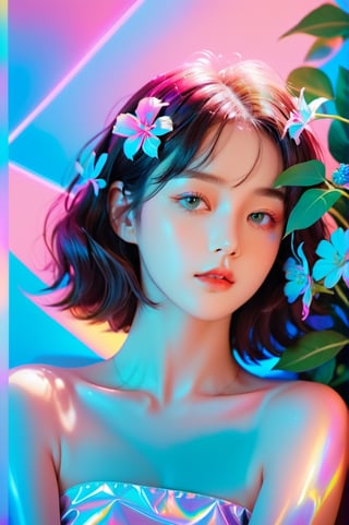 portrait, 1 girl, solo, short wavy hair, flowing neon, colored holographic floral background, holographic, iridescent, vaporwave, fluid, flowers, lying from the front point pose, high fashion, realistic,Flat vector art,xxmix_girl,kwon-nara-xl