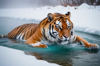 A surreal photo of a very realistic tiger. A tiger is rolling around in the warm water of a very steamy hot spring in the snowy tundra. A thick fog rises so thick that you can't see what's ahead.

Beautiful scenes, surreal, colorful, very fast-paced, sense of urgency, horror,
Ultra-clear, Ultra-detailed, ultra-realistic, Distant view. full body shot