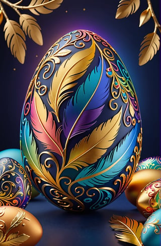 Easter eggs designed with arabesques and swirls using a harmonious mix of rainbow colors.
Golden branches and feathers cover the egg from the bottom as if to protect it.
The egg shines even brighter due to the intense lighting that illuminates the egg on a dark blue and golden background.

Ultra-clear, Ultra-detailed, ultra-realistic, ultra-close up