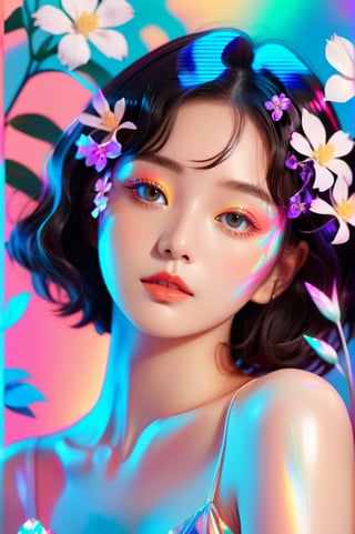 portrait, 1 girl, solo, short wavy hair, flowing neon, colored holographic floral background, holographic, iridescent, vaporwave, fluid, flowers, lying from the front point pose, high fashion, realistic,Flat vector art,xxmix_girl,kwon-nara-xl