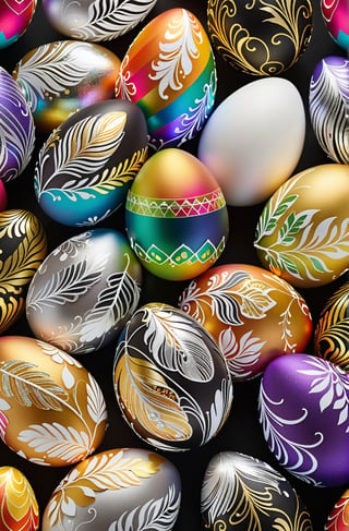 Easter eggs designed with honeysuckle and swirl patterns in a harmonious mix of rainbow colors,
Gold and silver threads are bundled together and wrapped from the bottom of the egg, as if protecting it, along with many white feathers.
The egg shines even brighter due to the intense lighting that illuminates the egg on a dark black and golden background.

Ultra-clear, Ultra-detailed, ultra-realistic, ultra-close up