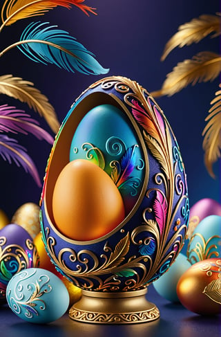 Easter eggs designed with arabesques and swirls using a harmonious mix of rainbow colors.
Plenty of tiny golden twigs and feathers cover the egg from the bottom as if to protect it.
The egg shines even brighter due to the intense lighting that illuminates the egg on a dark blue and golden background.

Ultra-clear, Ultra-detailed, ultra-realistic, ultra-close up