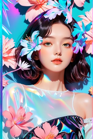 portrait, 1 girl, solo, short wavy hair, flowing neon, colored holographic floral background, holographic, iridescent, vaporwave, fluid, flowers, lying from the front point pose, high fashion, realistic,Flat vector art,xxmix_girl,kwon-nara-xl