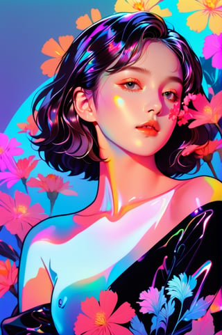 portrait, 1 girl, solo, short wavy hair, flowing neon, colored holographic floral background, holographic, iridescent, vaporwave, fluid, flowers, lying from the front point pose, high fashion, realistic,Flat vector art,xxmix_girl