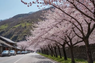 A very close-up shot of cherry blossoms in full bloom along the road in front of the village.

Ultra-clear, Ultra-detailed, ultra-realistic, ultra-close up, Prevent facial distortion,