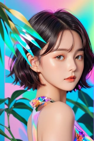 portrait, 1 girl, solo, short wavy hair, flowing neon, colored holographic floral background, holographic, iridescent, vaporwave, fluid, flowers, lying from the front point pose, high fashion, realistic,Flat vector art,xxmix_girl,kwon-nara-xl