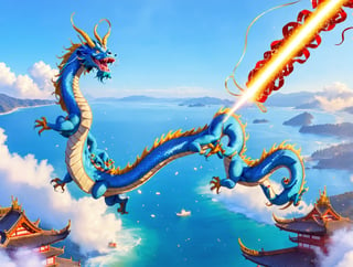 asian blue dragon flying in the sky flying in the sky,Asian blue dragon flying across the vast ocean horizon, epic daylight, solo, dynamic angle,aw0k euphoric style,Text(“Welcome 2024”) is written in gold at the top left of the screen.
Firecrackers explode in the background.