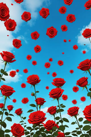 A bottom view of red roses falling from the sky,

Ultra-clear, Ultra-detailed, ultra-realistic, Distant view. full body shot