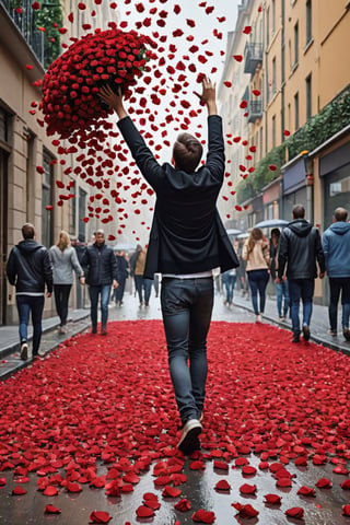 Many red roses are falling like rain from the sky. The streets are full of red roses, and people are happy to receive the falling red roses with both hands.

Ultra-clear, Ultra-detailed, ultra-realistic, Distant view. full body shot