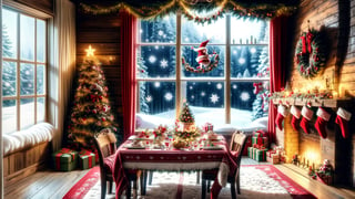 Christmas tea, window overlooking a magical forest, curtains on the window, magic, Christmas background, Mysterious, Mysterious,Christmas Room,Santa Claus,Abstract,Christmas,
There is a lot of snow outside the window.