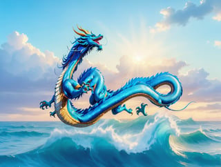 asian blue dragon flying in the sky flying in the sky,Asian blue dragon flying across the vast ocean horizon, epic daylight, solo, dynamic angle,aw0k euphoric style