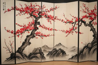 12-panel ink-and-wash painting folding screen depicting red plum blossoms,

Ultra-clear, Ultra-detailed, ultra-realistic, ultra-close up, Prevent facial distortion,