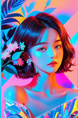 portrait, 1 girl, solo, short wavy hair, flowing neon, colored holographic floral background, holographic, iridescent, vaporwave, fluid, flowers, lying from the front point pose, high fashion, realistic,Flat vector art,xxmix_girl,kwon-nara-xl