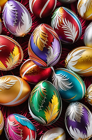 Easter eggs designed with honeysuckle and swirl patterns in a harmonious mix of rainbow colors,
Gold and silver threads are bundled together and wrapped from the bottom of the egg, as if protecting it, along with many white feathers.
The egg shines even brighter due to the intense lighting that illuminates the egg on a dark red and golden background.

Ultra-clear, Ultra-detailed, ultra-realistic, ultra-close up