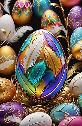 Easter eggs designed with arabesques and swirls using a harmonious mix of rainbow colors.
A pile of tiny golden twigs and many white feathers cover the egg from the bottom as if protecting it.
The egg shines even brighter due to the intense lighting that illuminates the egg on a dark plnk and golden background.

Ultra-clear, Ultra-detailed, ultra-realistic, ultra-close up