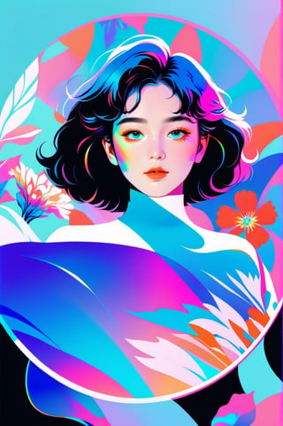 portrait, 1 girl, solo, short wavy hair, flowing neon, colored holographic floral background, holographic, iridescent, vaporwave, fluid, flowers, lying from the front point pose, high fashion, realistic,Flat vector art,xxmix_girl